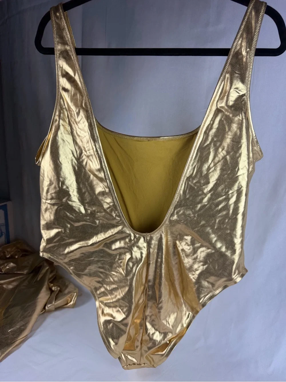 SKIMS Gold Metallic One-Piece Bathing Suit with Matching Sarong Skirt